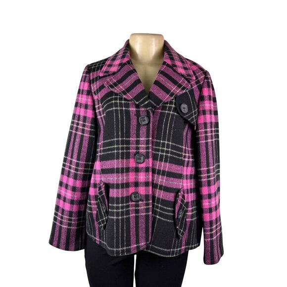 Abbie Mags Womens Black & Pink Plaid Wool Blend Button-Up Coat Retro Chic Size S - Picture 2 of 12